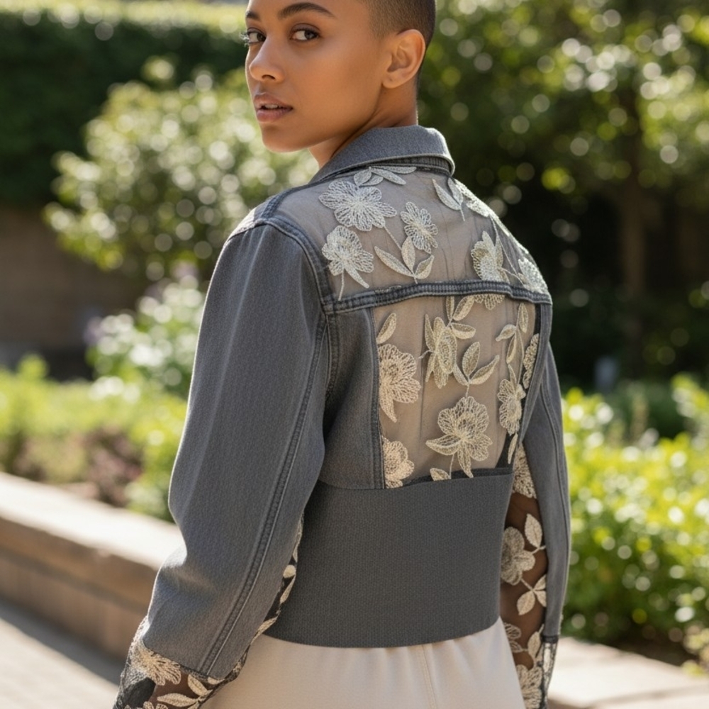 Elevated Sustainable Style: Embroidered Floral Gray Jean Jacket
